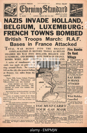 1940 front page Evening Standard de l'armée allemande d'envahir la Hollande, Belgique Luxembourg Banque D'Images