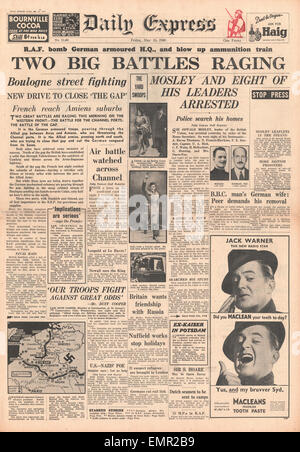 1940 front page Daily Express division blindée allemande attaque de la RAF, les combats font rage en Flandre sur la côte française Sir Oswald Banque D'Images