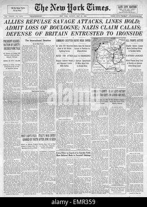 1940 front page New York Times capture de l'armée allemande Boulogne Calais Banque D'Images