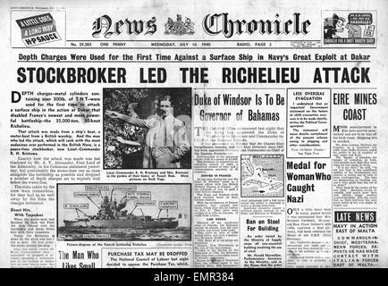 1940 Front Page News Chronicle attaque de la marine royale française sur le cuirassé Richelieu Banque D'Images