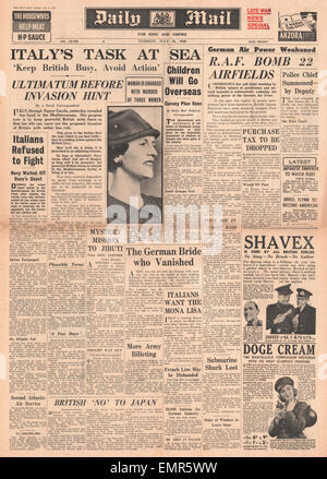 1940 front page Daily Mail Bataille d'Angleterre Banque D'Images