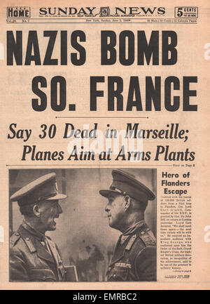 1940 front page New York Sunday News raid de bombardement allemand sur Marseille Banque D'Images