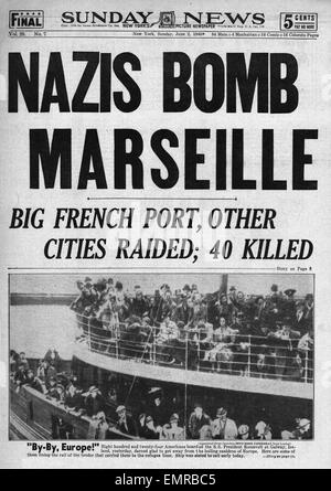 1940 front page New York Sunday News raid de bombardement allemand sur Marseille American évacués quitter l'Irlande Banque D'Images