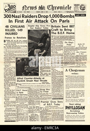 1940 Front Page News Chronicle raid de bombardement allemand sur Paris Banque D'Images