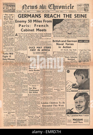 1940 Front Page News Chronicle Armée allemande atteint la Seine Banque D'Images