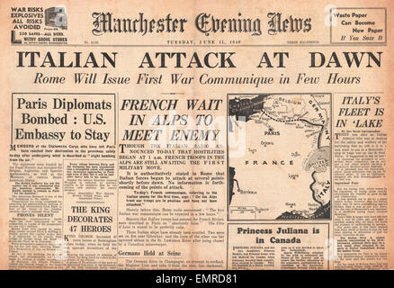 1940 front page Manchester Evening News l'Italie déclare la guerre sur les Alliés Banque D'Images