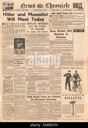 1940 Front Page News Chronicle Hitler Mussolini répondre à Munich Banque D'Images