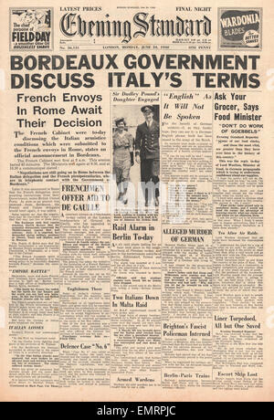 1940 front page Evening Standard Gouvernement Français discuter Armistice avec l'Italie Banque D'Images