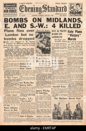 1940 front page Evening Standard Luftwaffe bombardements sur l'Angleterre Banque D'Images