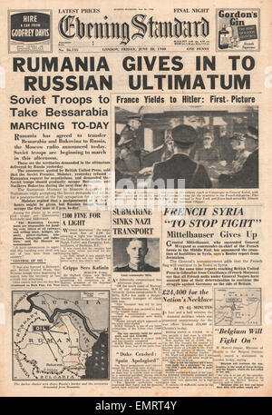 1940 front page Evening Standard ultimatum soviétique à la Roumanie demande la cession de Bessarabie et de Bucovine Banque D'Images