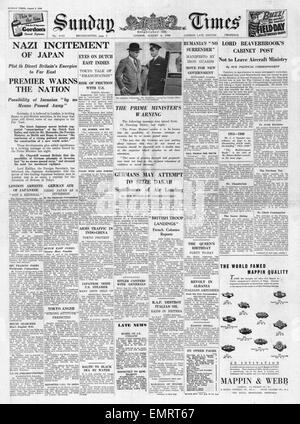 1940 front page Sunday Times Gouvernement allemand incite le Japon dans l'activité anti-Bretagne Banque D'Images