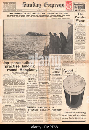 1940 front page Sunday Express naufrage du paquebot LANCASTRIA Banque D'Images