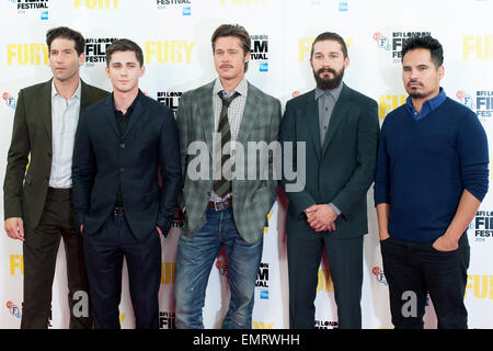 58e BFI LFF : Fury - photocall tenue à l'hôtel Corinthia. Avec : Logan Lerman, Brad Pitt, Michael Pena, Shia LaBeouf, Jon Bernthal Où : London, Royaume-Uni Quand : 19 Oct 2014 Banque D'Images