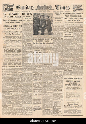 1940 front page Sunday Times More allemand raids sur l'Angleterre Banque D'Images