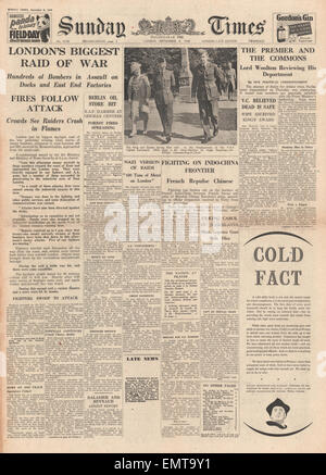 1940 front page Sunday Times de Londres Plus grand raid de la Luftwaffe par jour Banque D'Images