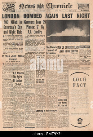 1940 Front Page News Chronicle Luftwaffe massif bombardement sur Londres Banque D'Images