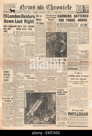 1940 Front Page News Chronicle Luftwaffe massif bombardement sur Londres Banque D'Images