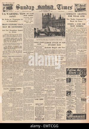 1940 front page Sunday Times Alerte américaine sur les exportations vers le Japon Raids sur Londres Banque D'Images