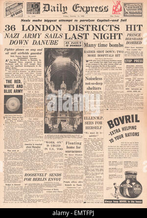 1940 front page Express tous les jours des raids aériens allemands sur Londres Banque D'Images