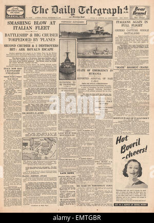 1940 front page Daily Telegraph flotte italienne batailles de la Royal Navy en Méditerranée Banque D'Images