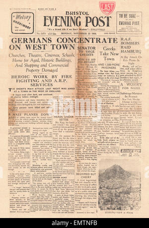 1940 front page Bristol Evening Post bombe de la Luftwaffe à l'ouest de l'Angleterre Banque D'Images