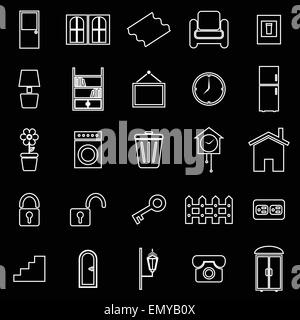 Chambre ligne connexes icônes sur fond noir, vecteur d'actions Illustration de Vecteur