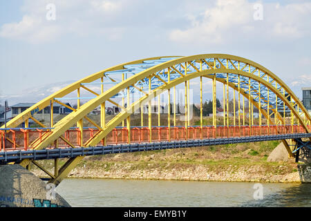 Pont en acier coloré pour les piétons sur une petite rivière Banque D'Images