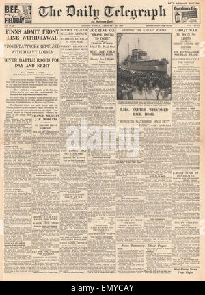 1940 front page Daily Telegraph Finnish retrait de ligne de front le HMS Exeter arrive à Plymouth à son retour de l'action Banque D'Images