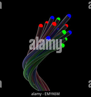 Twisted halo rouge vert et bleu volets colorés d'un câble optique sur un fond noir Banque D'Images