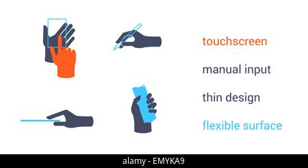 Icônes de fonction de mobile device interface. Écran tactile, saisie manuelle, minceur, surface flexible Illustration de Vecteur
