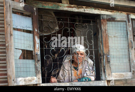 Srinagar, Cachemire indien : 24 avril . Un résident du Cachemire femmes âgées comme des militants de l'horlogerie de la Ligue musulmane au cours d'une manifestation de la Ligue musulmane président et chef seperatist Masrat Alam . Bhat, qui a été libéré par le gouvernement dirigé par le PDP le mois dernier après avoir passé plus de quatre ans de prison en vertu de PSA, avait été arrêté le 17 avril sous l'accusation de faire la guerre contre le pays et de sédition après avoir hissé un drapeau pakistanais et scandaient des slogans anti-Indiens au cours d'un rassemblement organisé pour hardline Hurriyat Conference chef Syed Ali Shah Geelani. Geelani a également appelé à des manifestations pacifiques à l'arrière Banque D'Images