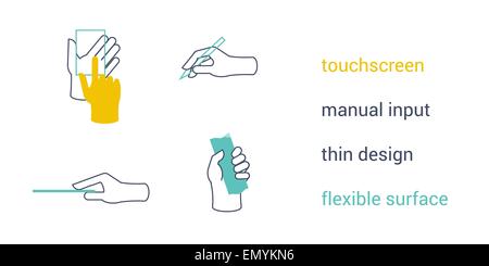 Icônes de fonction de mobile device interface. Écran tactile, saisie manuelle, minceur, surface flexible Illustration de Vecteur