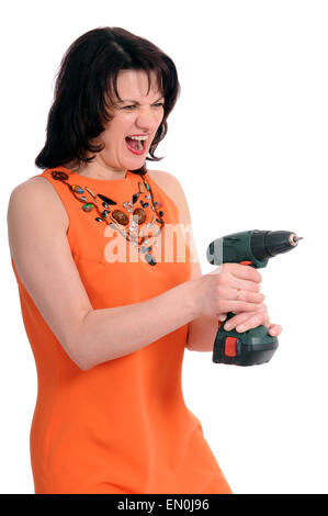 Femme avec tournevis isolé sur fond blanc Banque D'Images
