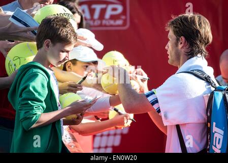 22 avril 2015 : Daniel GIMENO TRAVER-ESP à la fin du match à la Tournoi ATP BRD Nastase au Trophée Tiriac BNR Arenas, Roumanie ROU. Catalin Soare/www.sportaction.ro Banque D'Images