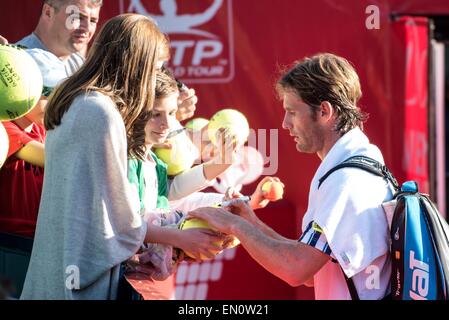 22 avril 2015 : Daniel GIMENO TRAVER-ESP à la fin du match à la Tournoi ATP BRD Nastase au Trophée Tiriac BNR Arenas, Roumanie ROU. Catalin Soare/www.sportaction.ro Banque D'Images