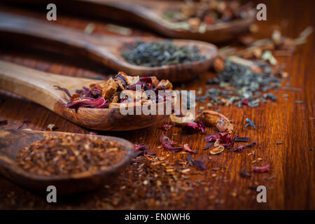 Assortiment de thé sec on wooden table Banque D'Images