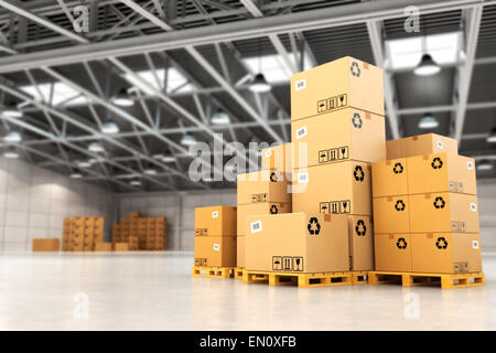 Concept de livraison. Des boîtes sur palette dans l'entrepôt. 3d Banque D'Images
