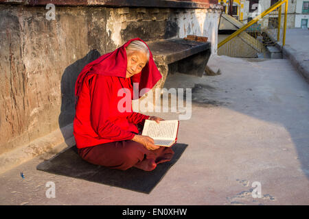 Les pèlerins dans le stupa de Boudhanath, Katmandou, Népal, Asie Banque D'Images