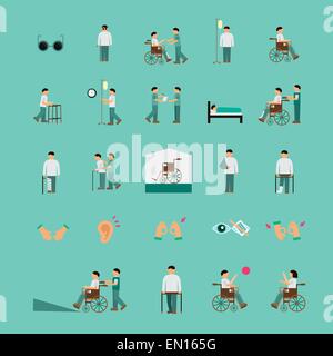 Les personnes à mobilité réduite aide soins télévision icons set sur fond bleu turquoise Illustration de Vecteur