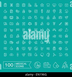 Belle 100 medical icons set sur fond bleu turquoise Illustration de Vecteur