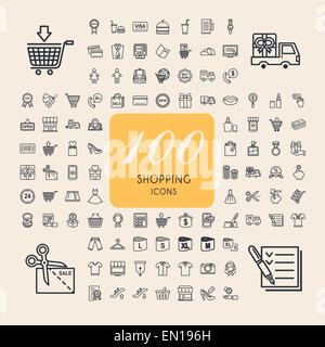 100 icônes élégantes boutiques réparties sur fond beige Illustration de Vecteur