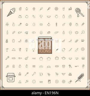 L'alimentation et l'adorable ustensiles icons set sur fond beige Illustration de Vecteur