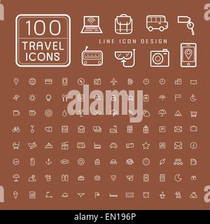 Belle 100 travel icons set sur fond brun Illustration de Vecteur