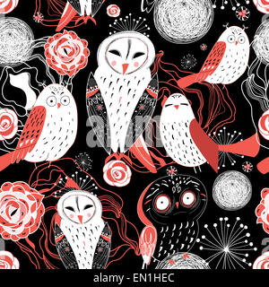 Motif transparent graphiques sur un magnifique hibou noir floral background Banque D'Images