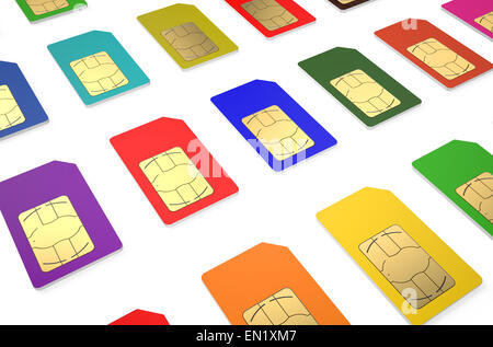 Groupe de cartes SIM couleur isolé sur fond blanc Banque D'Images