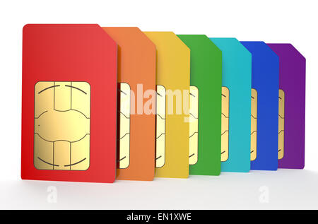 Groupe de cartes SIM couleur isolé sur fond blanc Banque D'Images