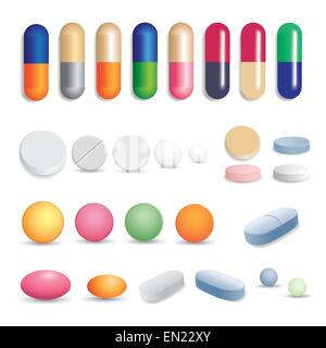 Comprimés de couleur, les comprimés et capsules. Vector illustration Illustration de Vecteur