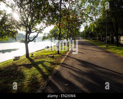 Une route dans un parc au bord du lac, avec le soleil du matin se reflète à travers les arbres, jetant de longues ombres Banque D'Images