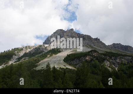 Piz Mezdi Val Mora Engadin Scuol Suisse Alpes montagne avec roches détachées entre les arbres Banque D'Images