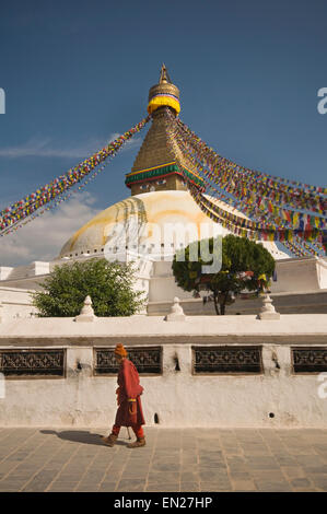 Le Népal, Katmandou, Boudhnath Boudah, Temple bouddhiste (16ème siècle) plus grand Stupa du Népal avec les drapeaux de prières, centre pour les Tibétains Banque D'Images